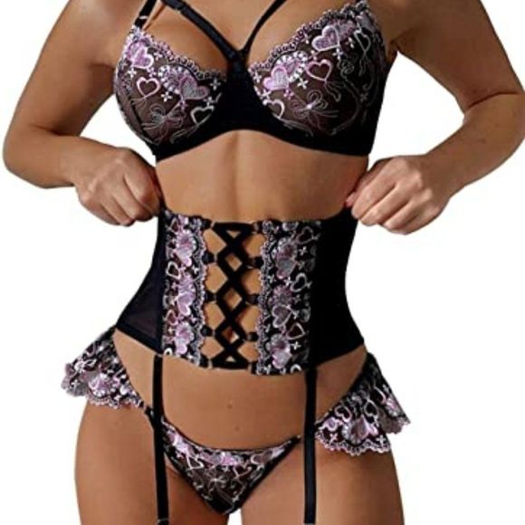 Kaei&Shi Heart Embroidered Mesh Sheer,Underwire,High Waisted Cincher,3 Pieces - Picture 1 of 3